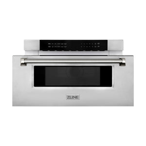 ZLINE Autograph Edition 30 in. 1.2 cu. ft. Built-in Microwave Drawer in Stainless Steel and Polished Nickel Helix Handle (MWDZ-30-KPN) front, open.