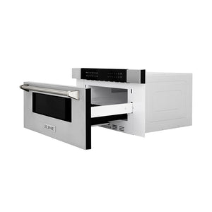 ZLINE Autograph Edition 30 in. 1.2 cu. ft. Built-in Microwave Drawer in Stainless Steel and Polished Nickel Helix Handle (MWDZ-30-KPN) side, open.