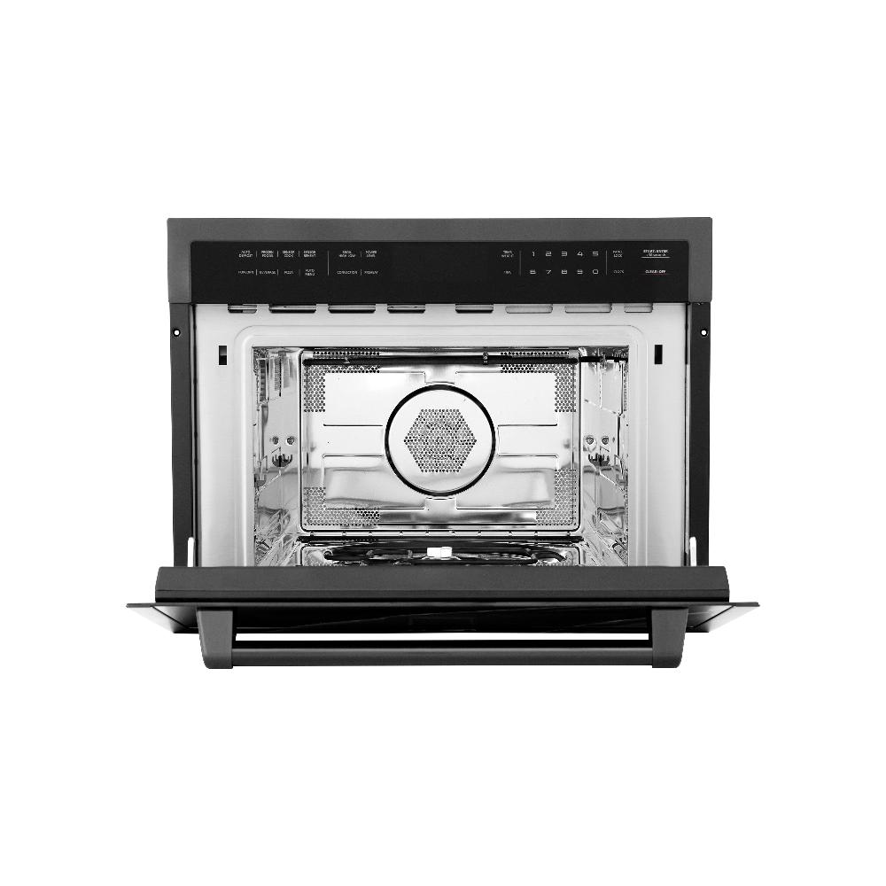 ZLINE 24 in. Black Stainless Steel Built-in Convection Microwave Oven with Speed and Sensor Cooking (MWO-24-BS) front, open.