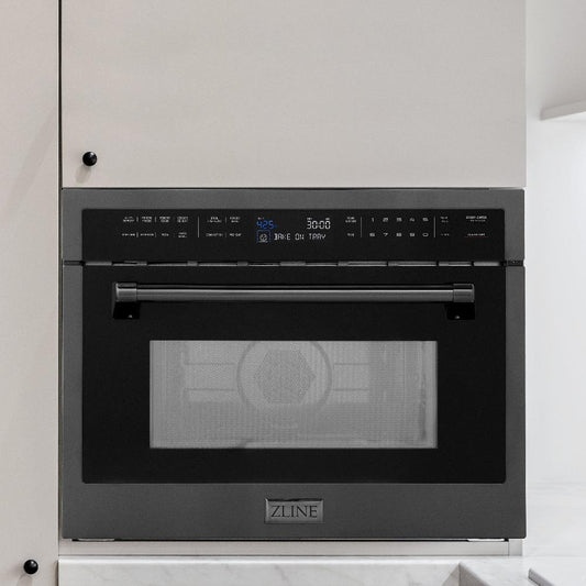 ZLINE 24 in. Black Stainless Steel Built-in Convection Microwave Oven with Speed and Sensor Cooking (MWO-24-BS) in a luxury kitchen.