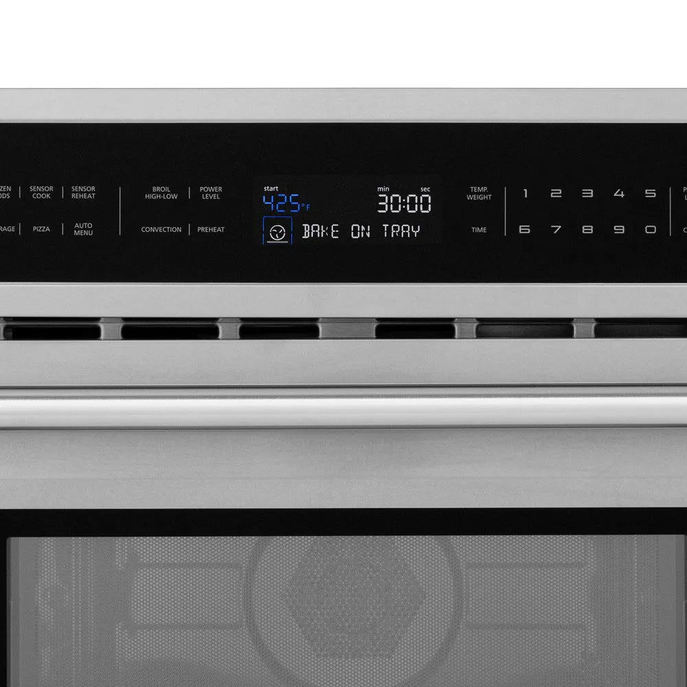 ZLINE 30 in. 1.6 cu ft. Stainless Steel Built-in Convection Microwave Oven (MWO-30) close-up, display and controls.