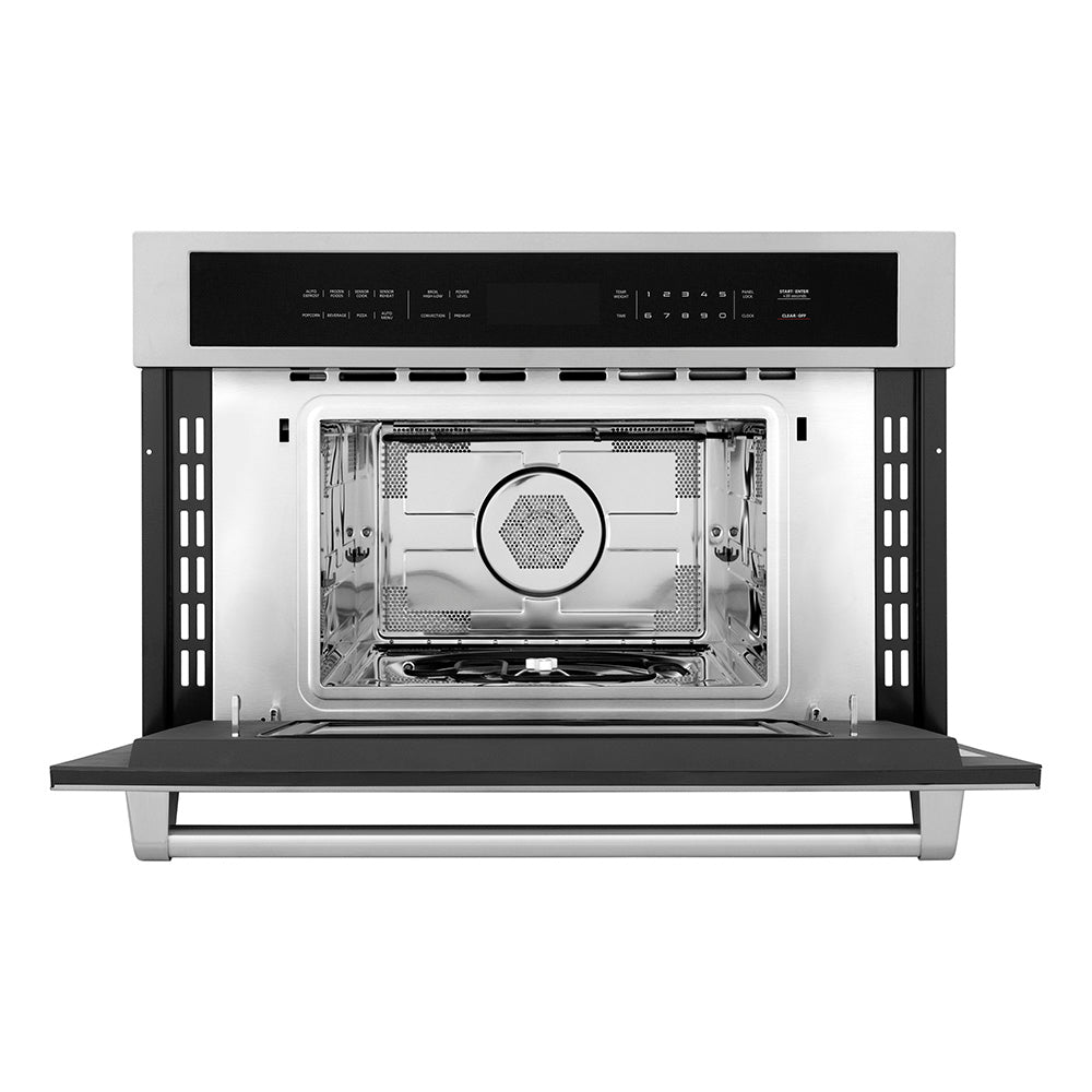 ZLINE 30 in. 1.6 cu. ft. Built-in Convection Microwave Oven in Stainless Steel with Speed and Sensor Cooking (MWO-30) front, open.