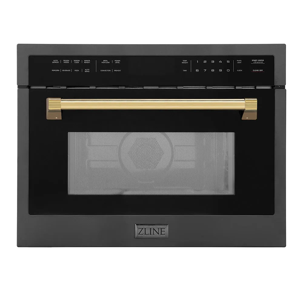 ZLINE Autograph Edition 24 in. 1.6 cu ft. Built-in Convection Microwave Oven in Black Stainless Steel with Polished Gold Accents (MWOZ-24-BS-G) main image.