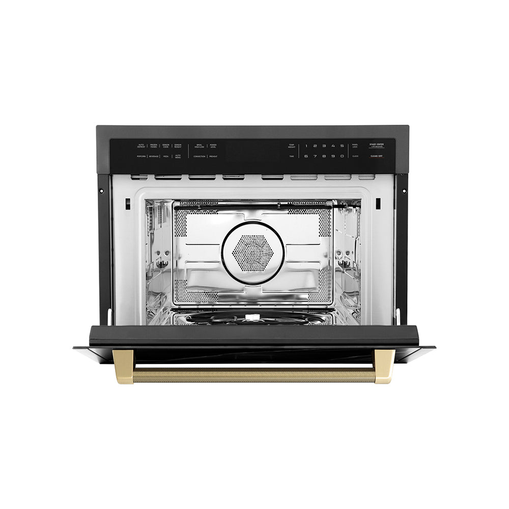 ZLINE Autograph Edition 24 in. 1.6 cu ft. Built-in Convection Microwave Oven in Black Stainless Steel and Champagne Bronze Helix Handle (MWOZ-24-BS-KCB) front, open.