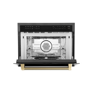 ZLINE Autograph Edition 24 in. 1.6 cu ft. Built-in Convection Microwave Oven in Black Stainless Steel and Champagne Bronze Helix Handle (MWOZ-24-BS-KCB) front, open.