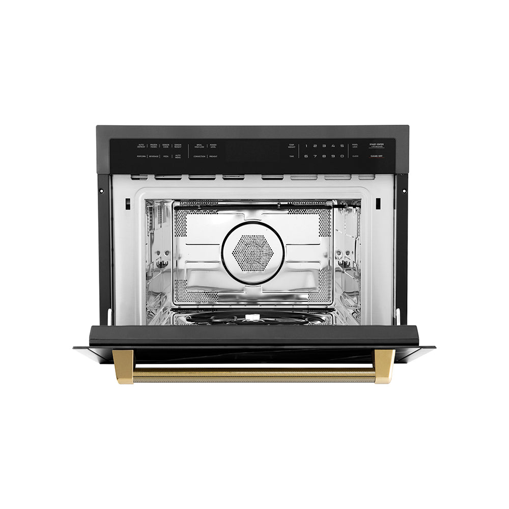 ZLINE Autograph Edition 24 in. 1.6 cu ft. Built-in Convection Microwave Oven in Black Stainless Steel and Polished Gold Helix Handle (MWOZ-24-BS-KG) front, open.