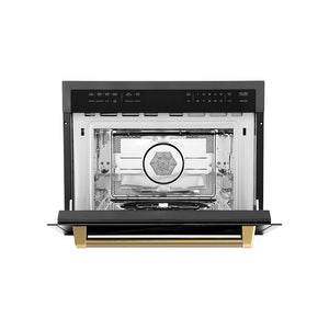 ZLINE Autograph Edition 24 in. 1.6 cu ft. Built-in Convection Microwave Oven in Black Stainless Steel and Polished Gold Helix Handle (MWOZ-24-BS-KG) front, open.