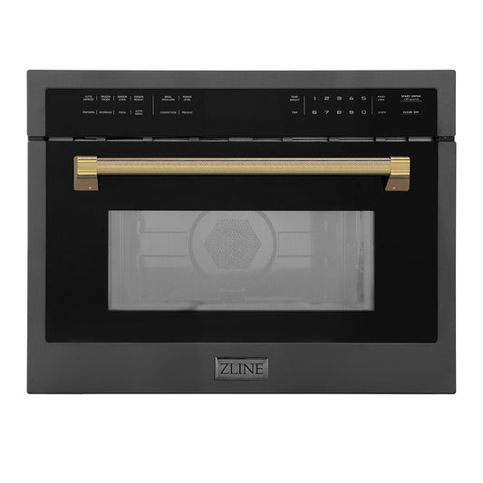 ZLINE Autograph Edition 24 in. 1.6 cu ft. Built-in Convection Microwave Oven in Black Stainless Steel and Polished Gold Helix Handle (MWOZ-24-BS-KG)