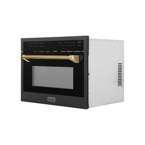 ZLINE Autograph Edition 24 in. 1.6 cu ft. Built-in Convection Microwave Oven in Black Stainless Steel and Polished Gold Helix Handle (MWOZ-24-BS-KG) side.