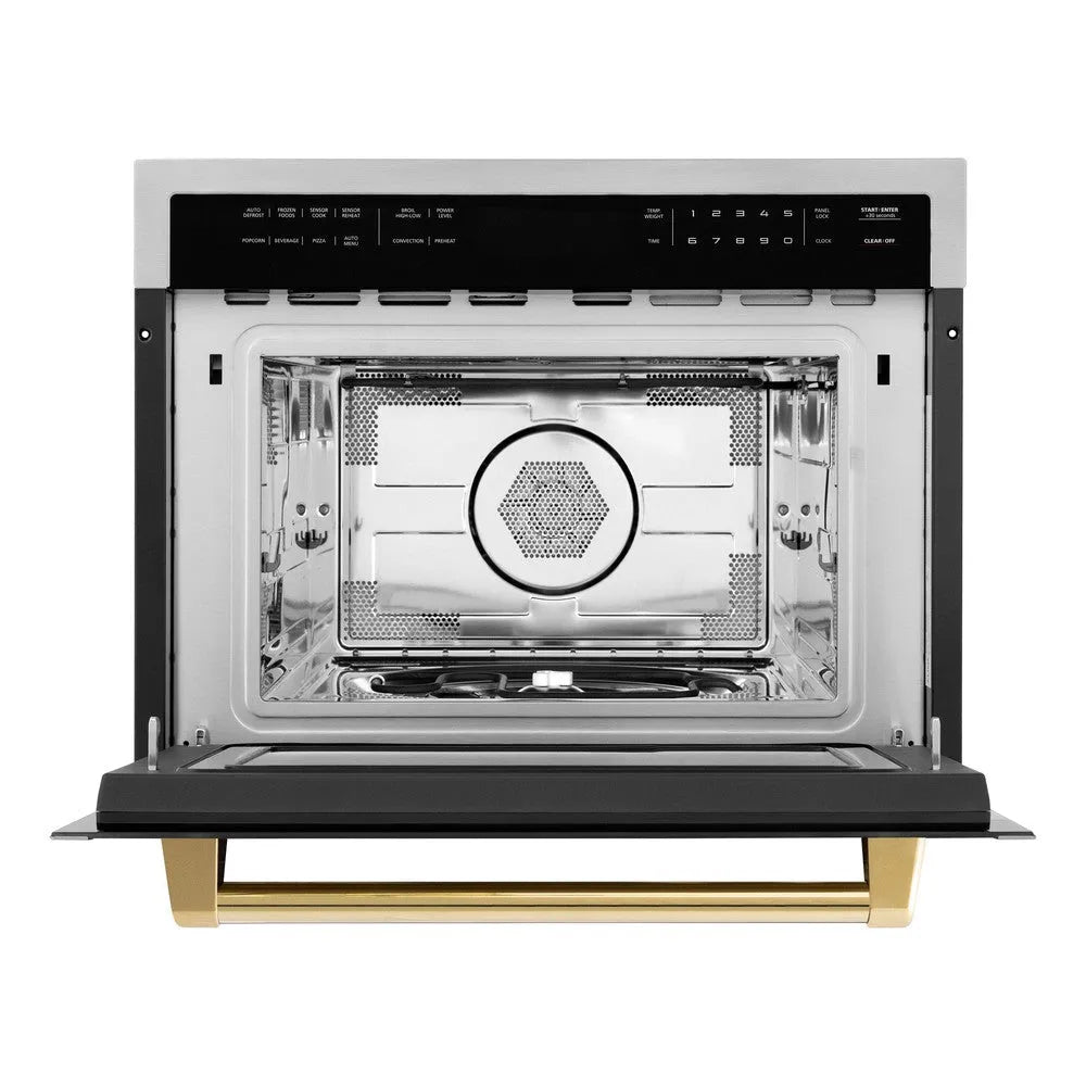 ZLINE Autograph Edition 24 in. 1.6 cu ft. Built-in Convection Microwave Oven in Stainless Steel with Polished Gold Accents (MWOZ-24-G) front, open.
