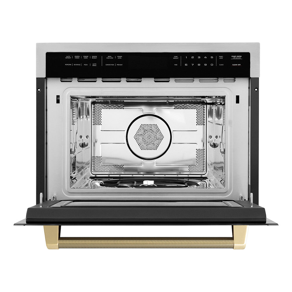 ZLINE Autograph Edition 24 in. 1.6 cu ft. Built-in Convection Microwave Oven in Stainless Steel and Champagne Bronze Helix Handle (MWOZ-24-KCB) front, open.