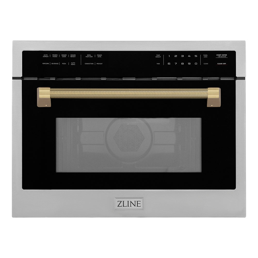 ZLINE Autograph Edition 24 in. 1.6 cu ft. Built-in Convection Microwave Oven in Stainless Steel and Champagne Bronze Helix Handle (MWOZ-24-KCB)