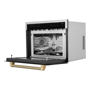 ZLINE Autograph Edition 24 in. 1.6 cu ft. Built-in Convection Microwave Oven in Stainless Steel and Champagne Bronze Helix Handle (MWOZ-24-KCB) side, open.