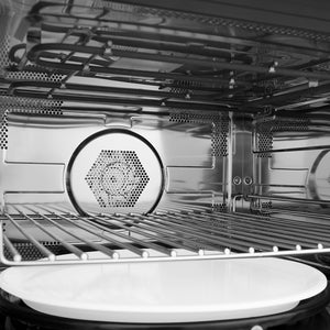 ZLINE Autograph Edition 24 in. 1.6 cu ft. Built-in Convection Microwave Oven in Stainless Steel and Polished Gold Helix Handle (MWOZ-24-KG) interior showing convection fan and racks.