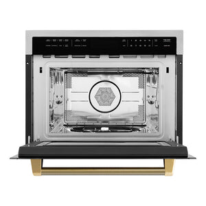 ZLINE Autograph Edition 24 in. 1.6 cu ft. Built-in Convection Microwave Oven in Stainless Steel and Polished Gold Helix Handle (MWOZ-24-KG) front, open.