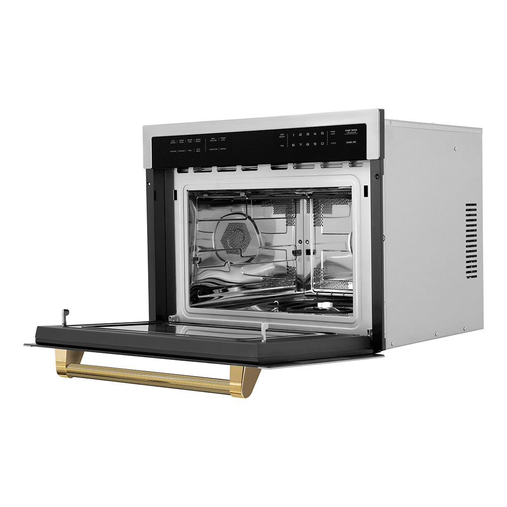ZLINE Autograph Edition 24 in. 1.6 cu ft. Built-in Convection Microwave Oven in Stainless Steel and Polished Gold Helix Handle (MWOZ-24-KG) side, open.