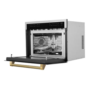 ZLINE Autograph Edition 24 in. 1.6 cu ft. Built-in Convection Microwave Oven in Stainless Steel and Polished Gold Helix Handle (MWOZ-24-KG) side, open.