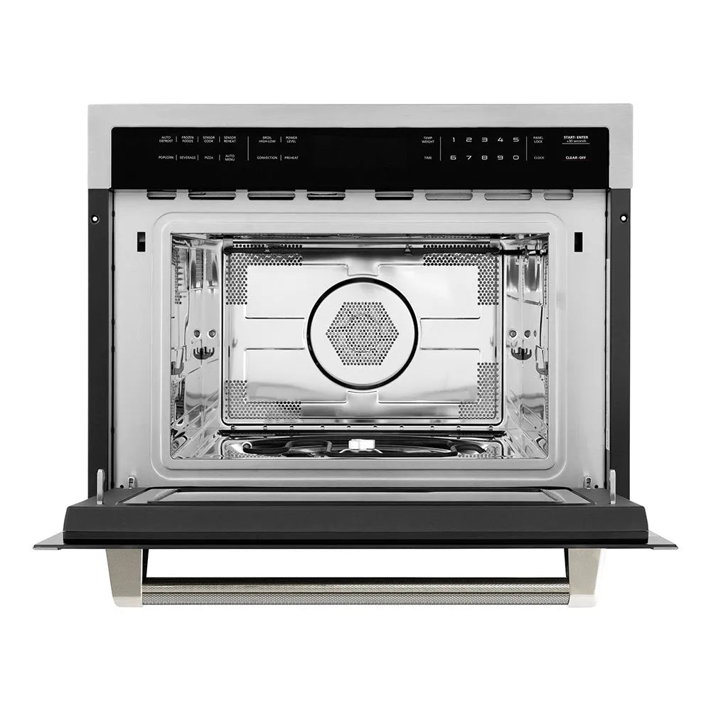 ZLINE Autograph Edition 24 in. 1.6 cu ft. Built-in Convection Microwave Oven in Stainless Steel and Polished Nickel Helix Handle (MWOZ-24-KPN) front, open.