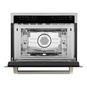 ZLINE Autograph Edition 24 in. 1.6 cu ft. Built-in Convection Microwave Oven in Stainless Steel and Polished Nickel Helix Handle (MWOZ-24-KPN) front, open.