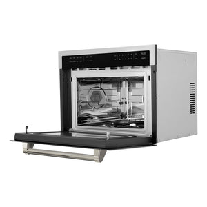 ZLINE Autograph Edition 24 in. 1.6 cu ft. Built-in Convection Microwave Oven in Stainless Steel and Polished Nickel Helix Handle (MWOZ-24-KPN) side, open.
