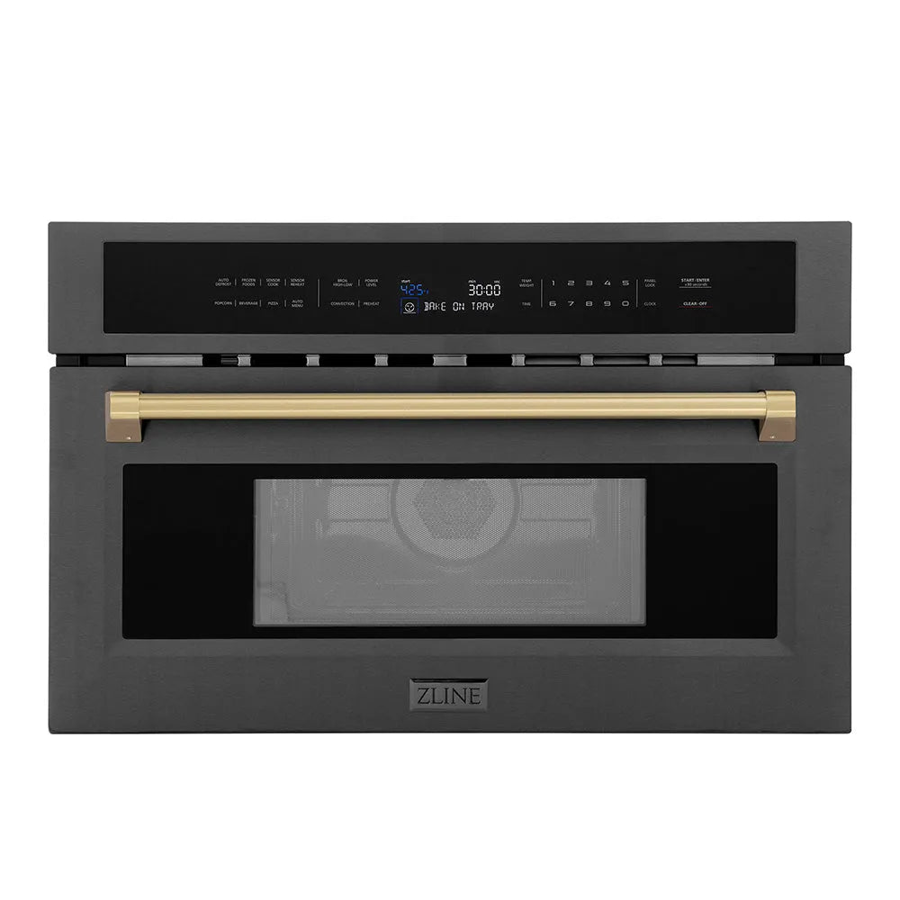 ZLINE Autograph Edition 30 in. 1.6 cu ft. Built-in Convection Microwave Oven in Black Stainless Steel with Champagne Bronze Accents (MWOZ-30-BS-CB) main image.