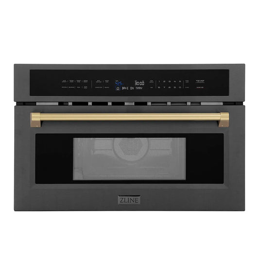 ZLINE Autograph Edition 30 in. 1.6 cu ft. Built-in Convection Microwave Oven in Black Stainless Steel with Champagne Bronze Accents (MWOZ-30-BS-CB) main image.