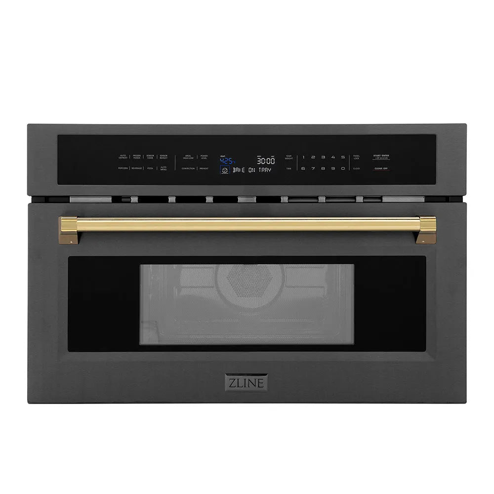 ZLINE Autograph Edition 30 in. 1.6 cu ft. Built-in Convection Microwave Oven in Black Stainless Steel with Polished Gold Accents (MWOZ-30-BS-G) main image.