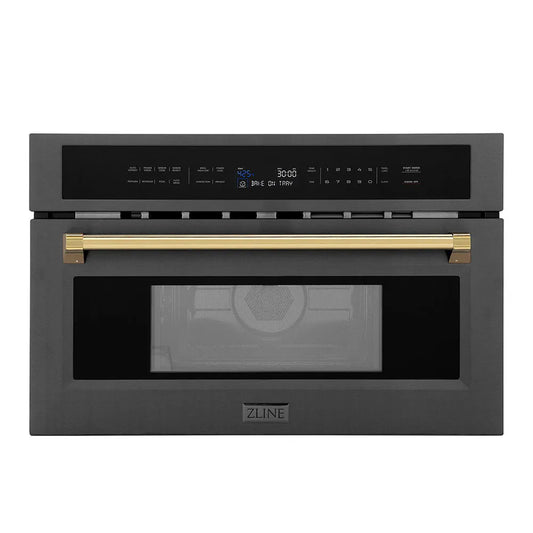 ZLINE Autograph Edition 30 in. 1.6 cu ft. Built-in Convection Microwave Oven in Black Stainless Steel with Polished Gold Accents (MWOZ-30-BS-G) main image.