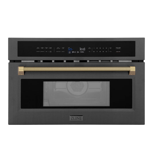 ZLINE Autograph Edition 30 in. 1.6 cu ft. Built-in Convection Microwave Oven in Black Stainless Steel and Champagne Bronze Helix Handle (MWOZ-30-BS-KCB)