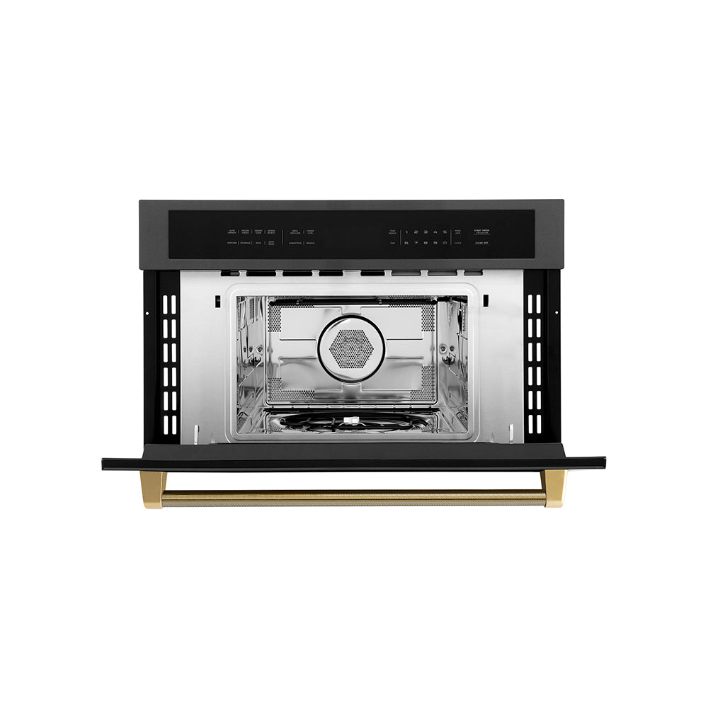 ZLINE Autograph Edition 30 in. 1.6 cu ft. Built-in Convection Microwave Oven in Black Stainless Steel and Polished Gold Helix Handle (MWOZ-30-BS-KG) front, open.