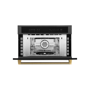 ZLINE Autograph Edition 30 in. 1.6 cu ft. Built-in Convection Microwave Oven in Black Stainless Steel and Polished Gold Helix Handle (MWOZ-30-BS-KG) front, open.