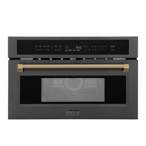 ZLINE Autograph Edition 30 in. 1.6 cu ft. Built-in Convection Microwave Oven in Black Stainless Steel and Polished Gold Helix Handle (MWOZ-30-BS-KG)