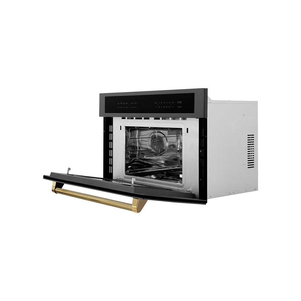 ZLINE Autograph Edition 30 in. 1.6 cu ft. Built-in Convection Microwave Oven in Black Stainless Steel and Polished Gold Helix Handle (MWOZ-30-BS-KG) side, open.
