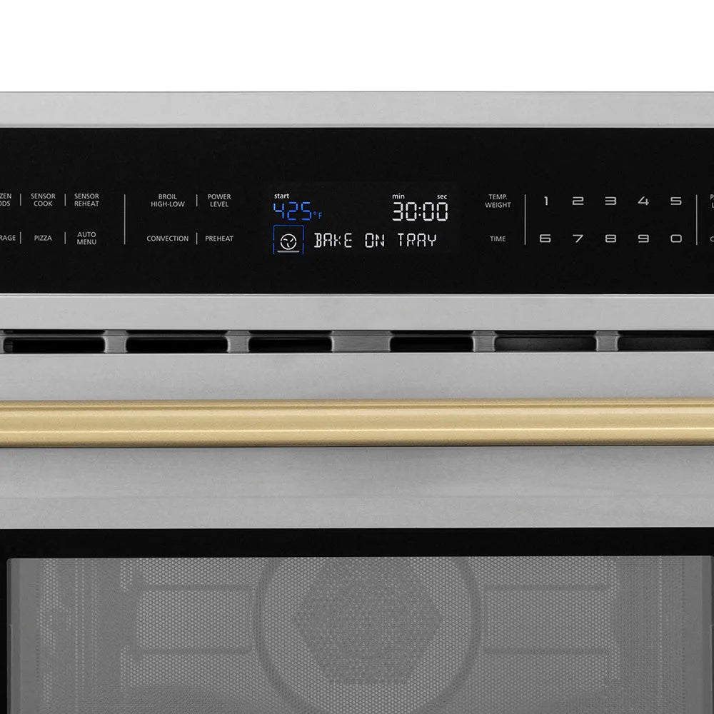 ZLINE Autograph Edition 30 in. 1.6 cu. ft. Built-in Convection Microwave Oven in Stainless Steel and Champagne Bronze Accents (MWOZ-30-CB) digital control panel on a white background