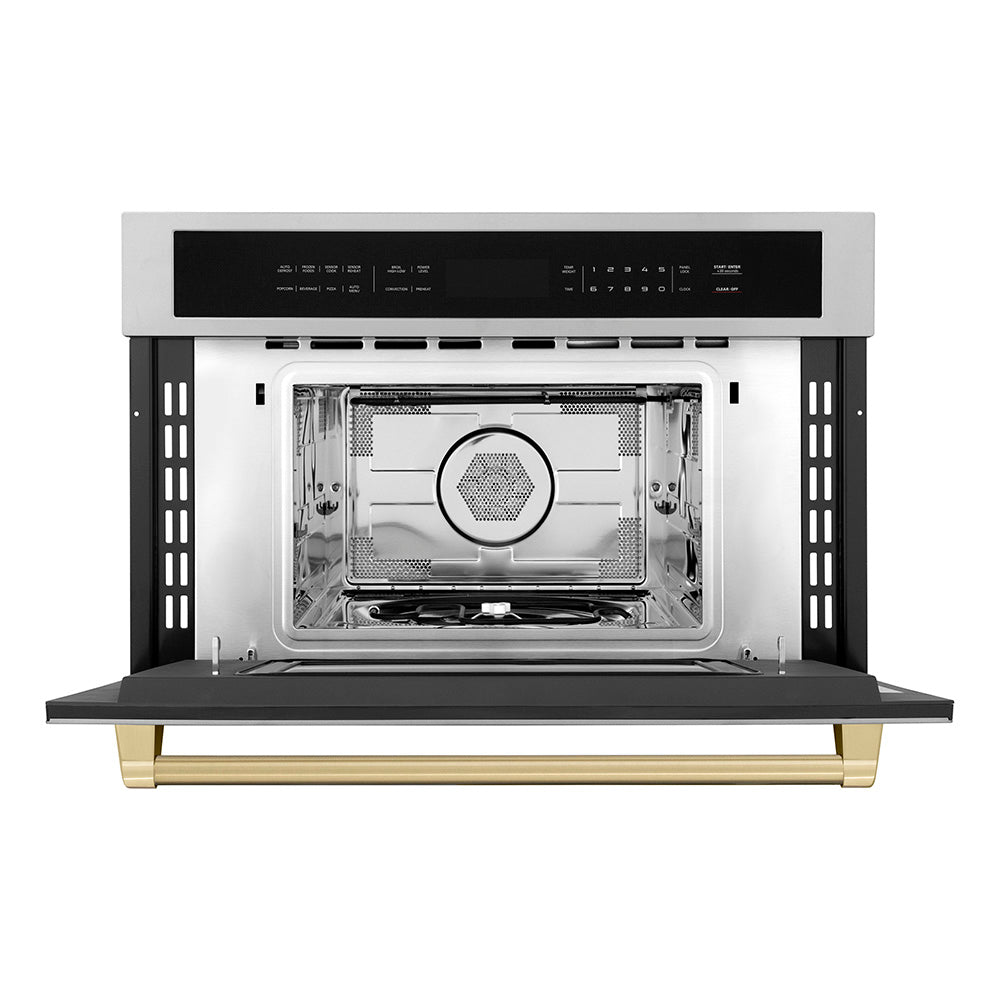 ZLINE Autograph Edition 30 in. 1.6 cu. ft. Built-in Convection Microwave Oven in Stainless Steel and Champagne Bronze Accents (MWOZ-30-CB) front, open.