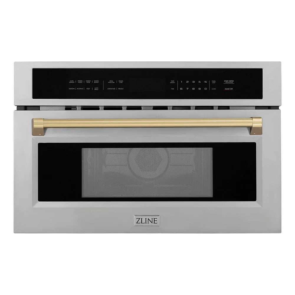 ZLINE Autograph Edition 30 in. 1.6 cu. ft. Built-in Convection Microwave Oven in Stainless Steel and Champagne Bronze Accents (MWOZ-30-CB) main image.