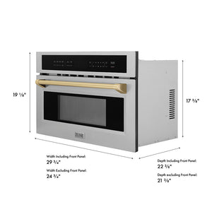 ZLINE Autograph Edition 30 in. 1.6 cu. ft. Built-in Convection Microwave Oven in Stainless Steel and Champagne Bronze Accents (MWOZ-30-CB) with dimensions displayed on a white background