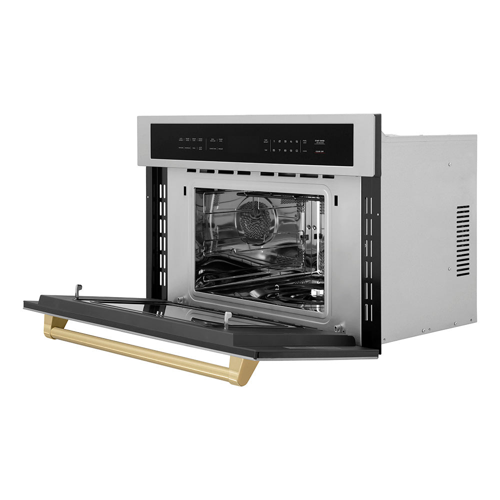 ZLINE Autograph Edition 30 in. 1.6 cu. ft. Built-in Convection Microwave Oven in Stainless Steel and Champagne Bronze Accents (MWOZ-30-CB) side, open.