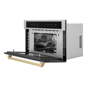 ZLINE Autograph Edition 30 in. 1.6 cu. ft. Built-in Convection Microwave Oven in Stainless Steel and Champagne Bronze Accents (MWOZ-30-CB) side, open.