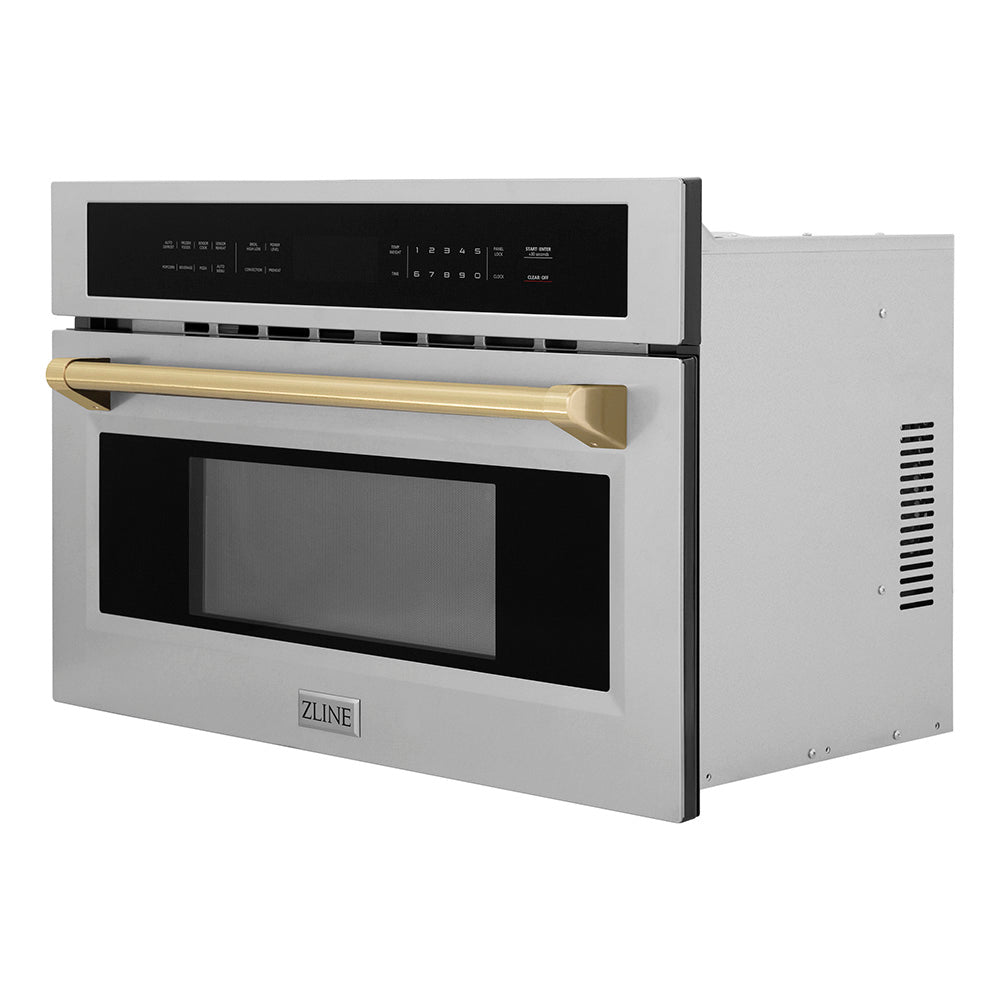 ZLINE Autograph Edition 30 in. 1.6 cu. ft. Built-in Convection Microwave Oven in Stainless Steel and Champagne Bronze Accents (MWOZ-30-CB) side, closed.