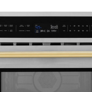 ZLINE Autograph Edition 30 in. 1.6 cu ft. Built-in Convection Microwave Oven in Stainless Steel with Polished Gold Accents (MWOZ-30-G) close-up, LCD display and timer.