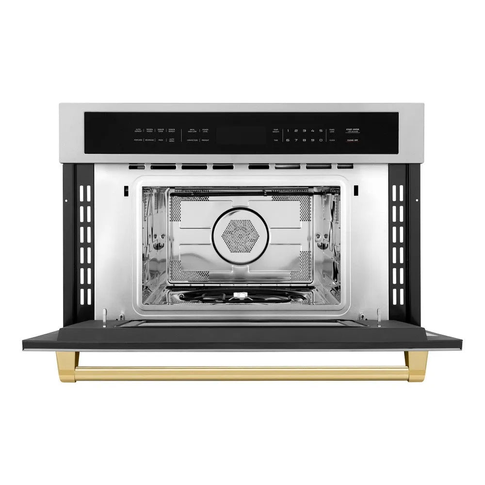 ZLINE Autograph Edition 30 in. 1.6 cu ft. Built-in Convection Microwave Oven in Stainless Steel with Polished Gold Accents (MWOZ-30-G) front, open.