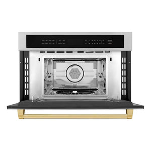 ZLINE Autograph Edition 30 in. 1.6 cu ft. Built-in Convection Microwave Oven in Stainless Steel with Polished Gold Accents (MWOZ-30-G) front, open.