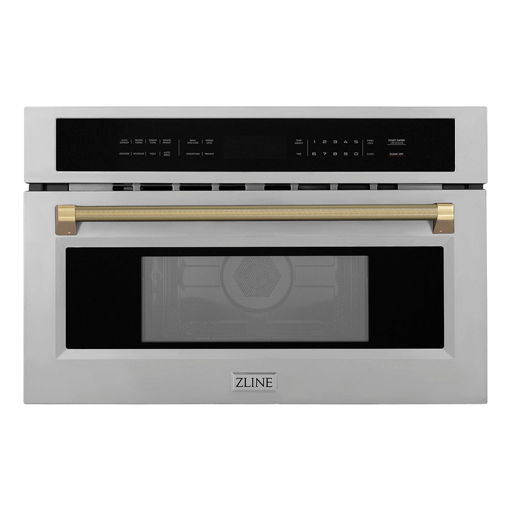 ZLINE Autograph Edition 30 in. 1.6 cu ft. Built-in Convection Microwave Oven in Stainless Steel and Champagne Bronze Helix Handle (MWOZ-30-KCB)