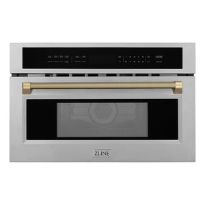 ZLINE Autograph Edition 30 in. 1.6 cu ft. Built-in Convection Microwave Oven in Stainless Steel and Champagne Bronze Helix Handle (MWOZ-30-KCB)