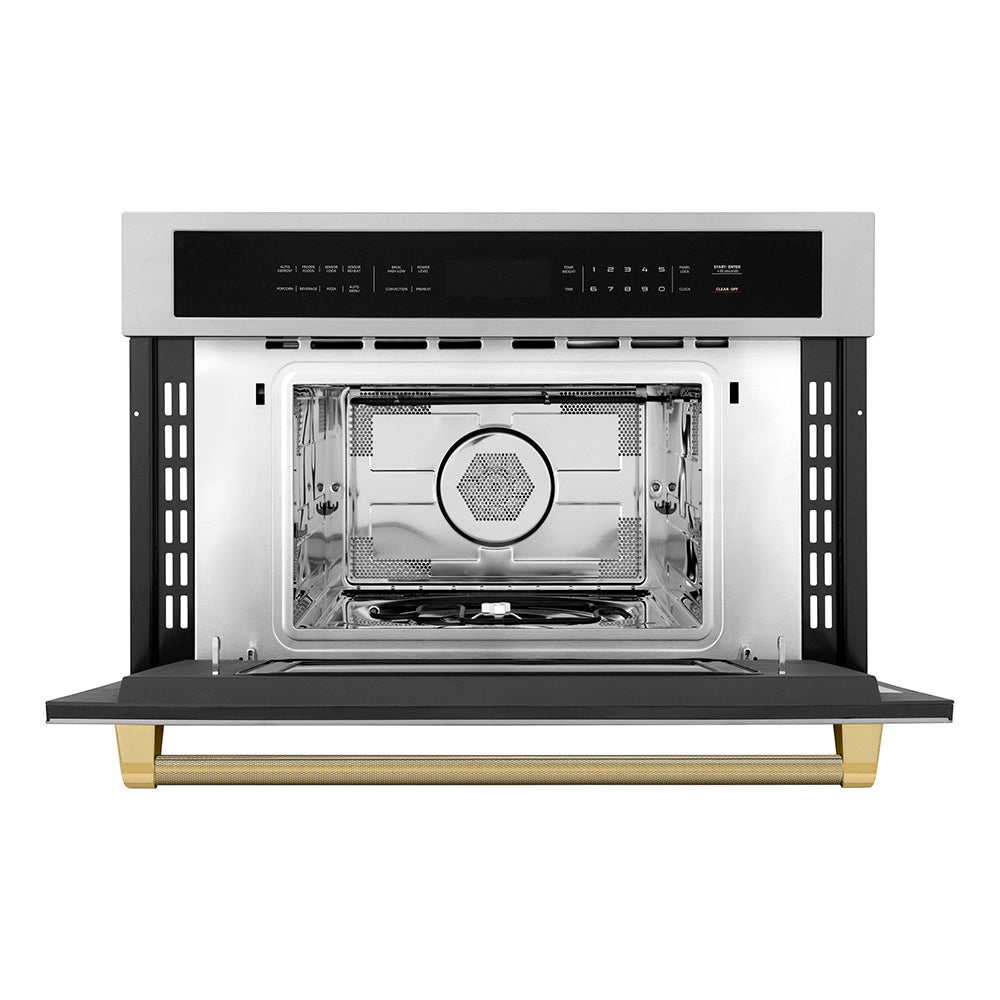 ZLINE Autograph Edition 30 in. 1.6 cu ft. Built-in Convection Microwave Oven in Stainless Steel and Polished Gold Helix Handle (MWOZ-30-KG) front, open.