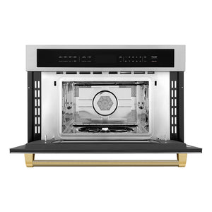ZLINE Autograph Edition 30 in. 1.6 cu ft. Built-in Convection Microwave Oven in Stainless Steel and Polished Gold Helix Handle (MWOZ-30-KG) front, open.
