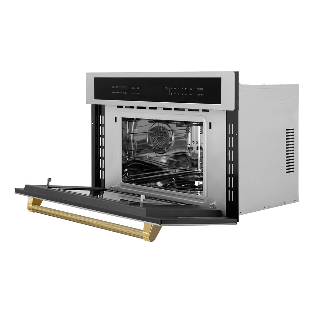 ZLINE Autograph Edition 30 in. 1.6 cu ft. Built-in Convection Microwave Oven in Stainless Steel and Polished Gold Helix Handle (MWOZ-30-KG) side, open.