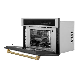 ZLINE Autograph Edition 30 in. 1.6 cu ft. Built-in Convection Microwave Oven in Stainless Steel and Polished Gold Helix Handle (MWOZ-30-KG) side, open.