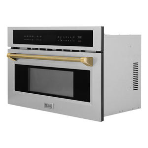 ZLINE Autograph Edition 30 in. 1.6 cu ft. Built-in Convection Microwave Oven in Stainless Steel and Polished Gold Helix Handle (MWOZ-30-KG) side.